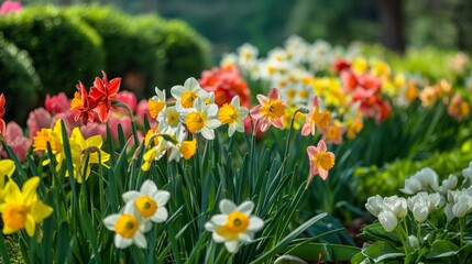 Fototapeta premium Beautiful array of daffodils and tulips blossoming in a vibrant spring garden with lush greenery in the background