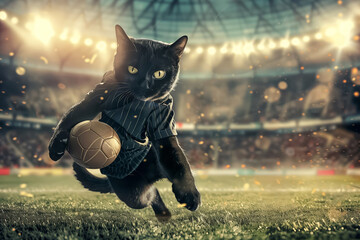 Black cat dressed as a soccer player dribbling a ball in a stadium.