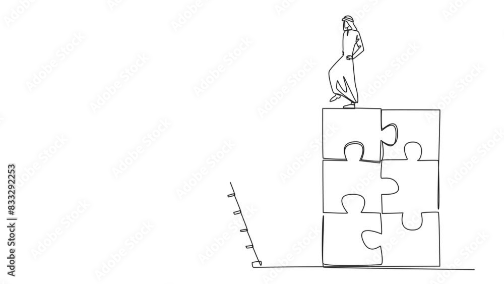 Poster animated self drawing of continuous line drawing arab businessman kicks opponent who climbs the puzz