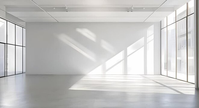 Minimalistic white office interior with empty wall. Concept Interior Design, Office Decor, Minimalism, White Color Scheme, Empty Wall
