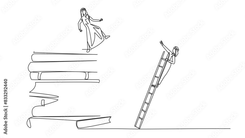 Poster animation of single continuous line drawing arab businessman kicks opponent who climbs a pile of boo