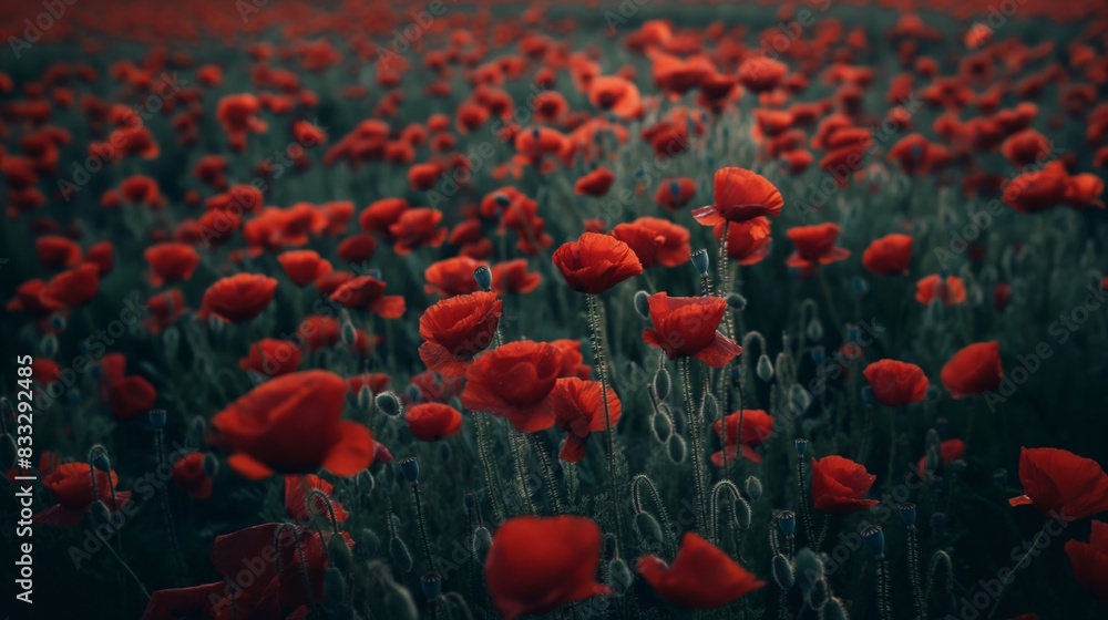 Poster captivating shot of a serene red poppy field in full bloom under the soft glow of a setting sun
