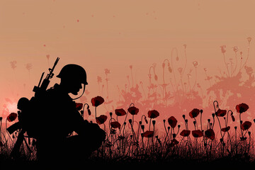 Soldier's equipment silhouetted against a sea of poppies for a moving Memorial Day vector image.
