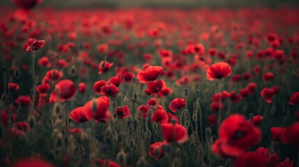 Obraz premium Stunning landscape of a vibrant red poppy field in full bloom, capturing the essence of floral splendor in nature