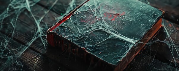 A horror novel book mockup with a chilling cover, placed on a dark, eerie table with cobwebs