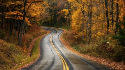 Fototapeta premium Serene photo capturing a winding country road flanked by trees with golden autumn leaves, creating a tranquil and picturesque scene