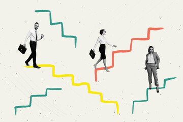 Creative trend collage of corporate working process career ladders walk teamwork people bizarre...