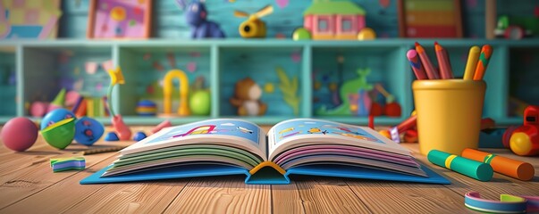 An open book mockup displaying a colorful childrens storybook, with a playful background of toys and crayons