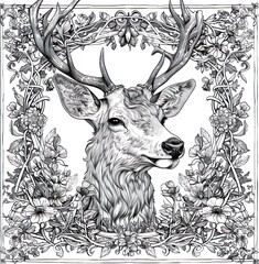 Black and white drawing of deer head 