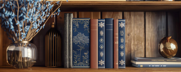 A book series mockup showing three different volumes with cohesive cover designs, on a bookshelf