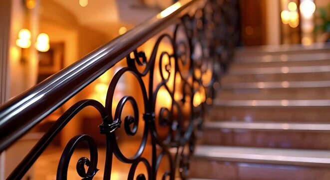 Enhancing Interior Elegance and Safety with a Close-Up of an Ornate Wrought Iron Staircase Railing. Concept Elegant Interior Design, Wrought Iron Railing, Home Safety, Close-Up Photography