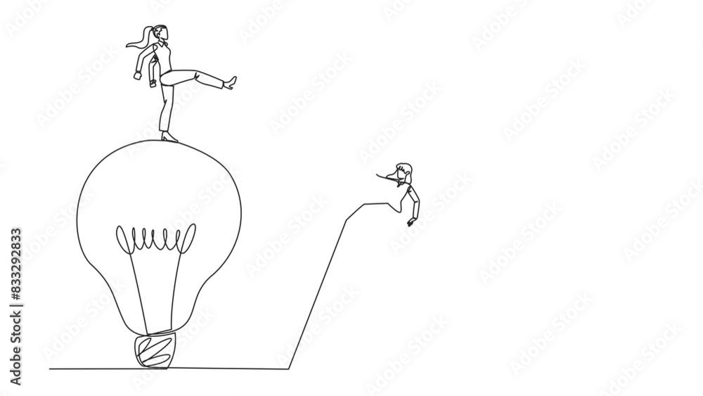 Poster animated self drawing of single continuous line drawing businesswoman kicks opponent who climbing th