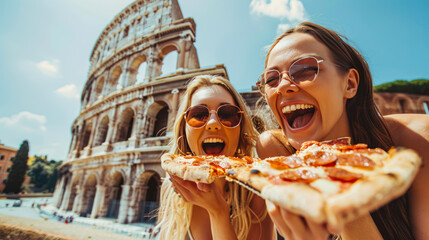Two beautiful young women having fun and eating pizza at Coliseum in Rome. Italian cuisine, restaurant menu. Happy friends tourists enjoying italian pizza. Summer vacation, travel, gastronomic journey