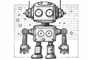 Fototapeta premium Cartoon cute doodles of a halftone robot with mechanical parts and dotted eyes, Generative AI