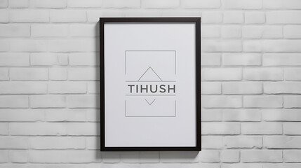 Black Frame Mockup on White Brick Wall with Geometric Lines and 'TIHUSH' Text