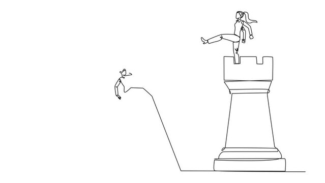 Self drawing animation of single one line drawing businesswoman kicks opponent who climbing the chess rook with ladder. Wrong move and strategy. Plan leaked by colleague. Traitor. Full length animated