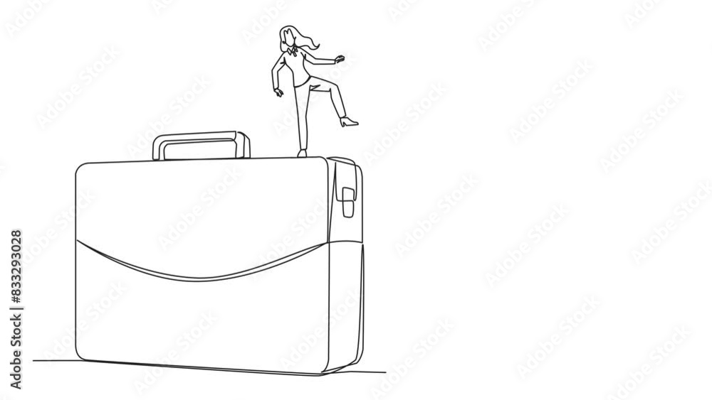 Poster animated self drawing of single continuous line drawing businesswoman kicks opponent who is climbing