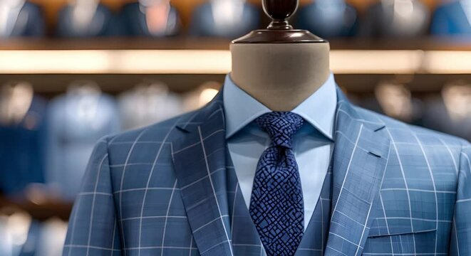 Luxury mens shirt displayed on suit mannequin in highend tailor shop. Concept Luxury Menswear, Tailoring Services, High-End Fashion Display, Suit Mannequins, Premium Fabrics