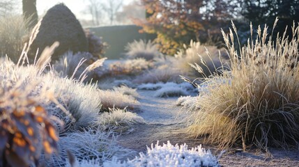 Serene winter garden scene with a delicate frost pattern covering plants and grasses, bathed in the soft light of dawn