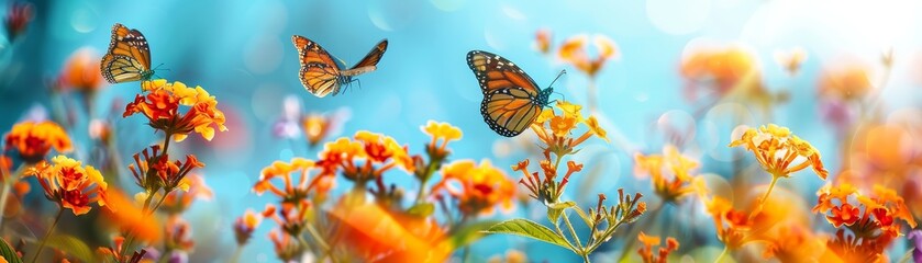 Bright colorful summer spring flower border. Natural landscape with many orange lantana flowers