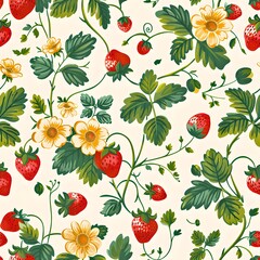 Colorful strawberry and floral pattern. Bright and joyful design. Suitable for wallpapers, fabrics, and digital backgrounds. Vintage botanical style. AI