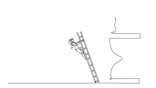 Animated self drawing of continuous one line drawing businesswoman kicks opponent who climbs the hourglass with ladder. Not able to complete deadlines well. Rival. Full length single line animation