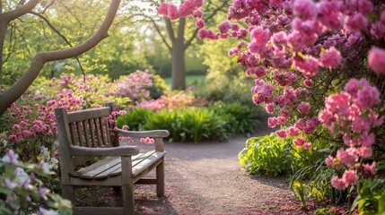 Obraz premium Tranquil spring garden featuring a wooden bench surrounded by vibrant pink flowers and lush greenery in soft sunlight