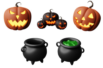 3D Set illustration Halloween Jack O Lantern Pumpkin and Witch Cauldron Decorative for Halloween design theme