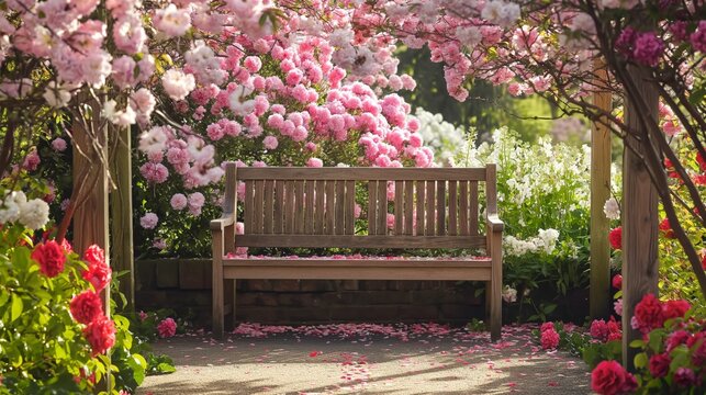 Tranquil wooden bench nestled amongst vibrant spring blooms in a lush garden, inviting peaceful relaxation amidst nature's beauty