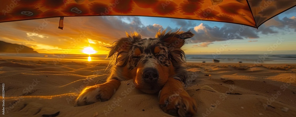 Aufkleber a serene beach scene with a dog resting under an umbrella at sunset. the warm glow of the sun create