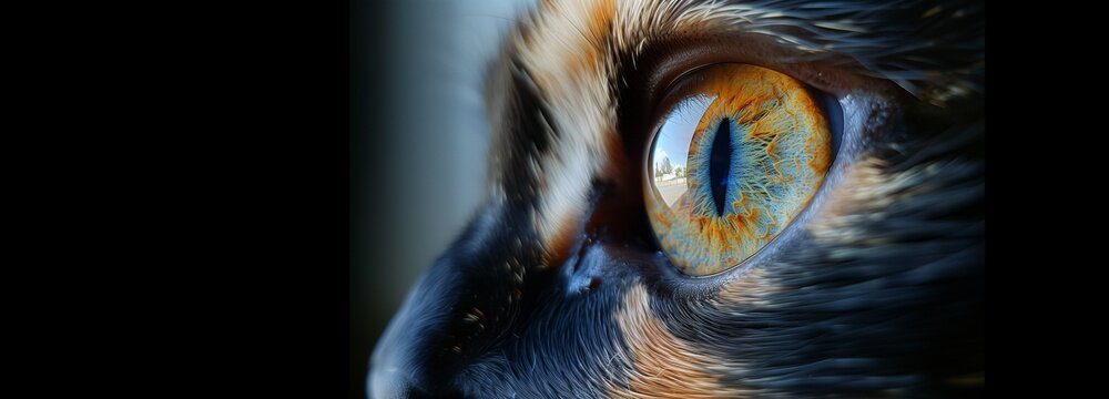 Close-Up of Beautiful Calico Cat, Beautiful Eyes, Black Background, Copy Space.