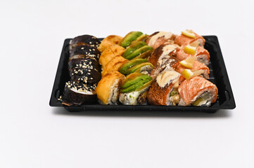 rolls in a package on a white background. Japanese cuisine concept