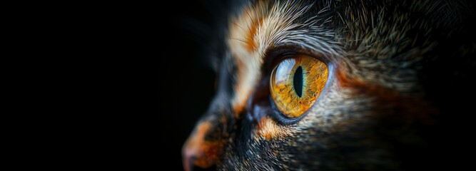 Close-Up of Beautiful Calico Cat, Beautiful Eyes, Black Background, Copy Space.