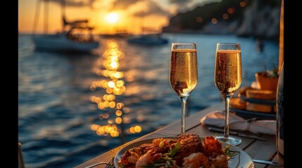 Romantic sunset dinner on beach. Table honeymoon set for two with luxurious food, glasses of champagne drinks in restaurant with sea view and yachts on background. 