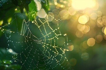 A close-up of dew on a spider's web in the morning light - Powered by Adobe