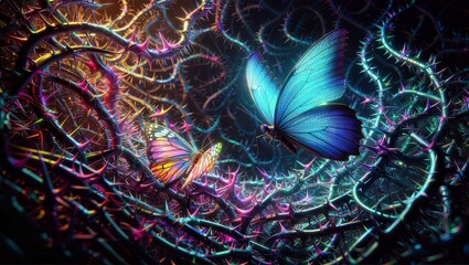 Surreal digital art featuring vibrant butterflies amidst a complex, neon-lit thicket of thorns, evoking a sense of fantasy and wonder.