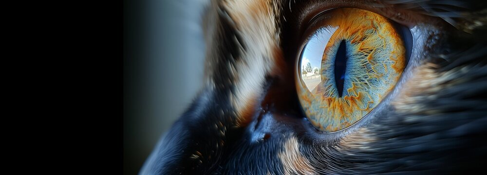 Extreme Close-Up of Beautiful and Impressive Eyes of a Calico Cat, Black Background, Copy Space.
