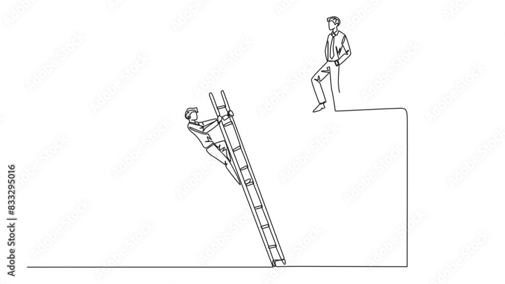 Poster self drawing animation of continuous one line drawing businessman kicks opponent who is climbs safe 
