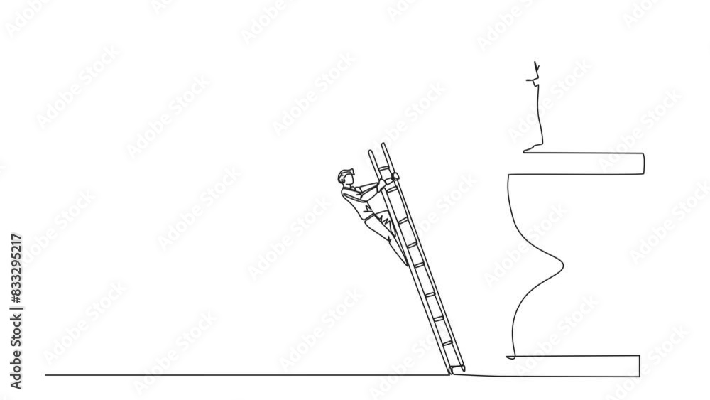 Poster self drawing animation of single continuous line drawing businessman kicks opponent who is climbing 