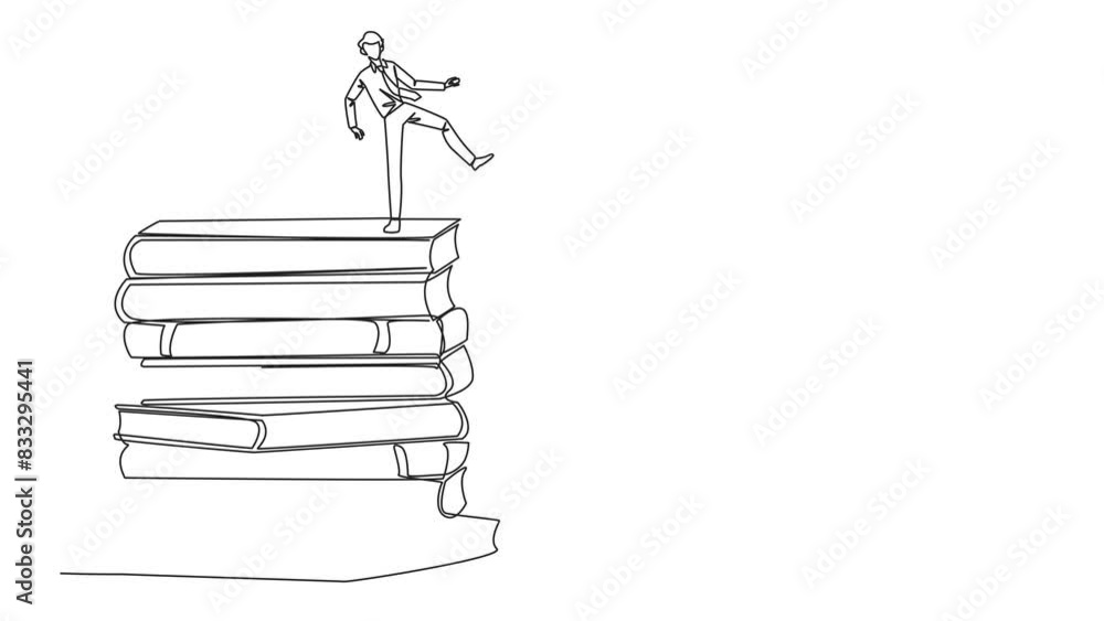 Poster animation of single one line drawing businessman kicks opponent who is climbing a pile of books with