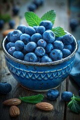 A blue ceramic bowl filled with fresh blueberries and crunchy almonds, creating a delicious and nutritious snack or breakfast. The concept of a healthy breakfast.