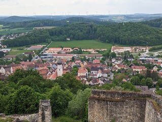 Bird's eye view of a town with vibrant red rooftops and abundant green vegetation