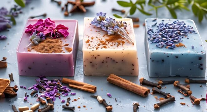 Handmade organic soap with medicinal plants cinnamon spices and essential oils. Concept Organic Soap, Medicinal Plants, Cinnamon Spices, Essential Oils, Handmade Products