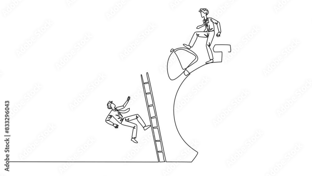 Poster animation of continuous one line drawing businessman kicks opponent who climbs alarm clock with lade
