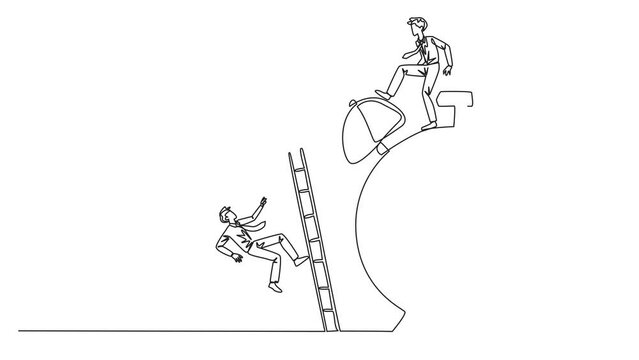 Animation of continuous one line drawing businessman kicks opponent who climbs alarm clock with lader. Arrogance. No need for colleagues to complete many deadlines. Full length motion
