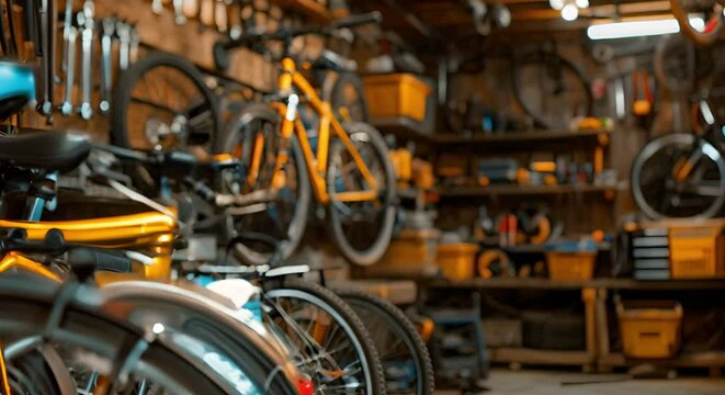 Vintage garage with bicycle workshop tools hanging on wall shelf. Concept Vintage Aesthetics, Mechanic Tools, Bicycle Workshop, Industrial Decor, Garage Renovation