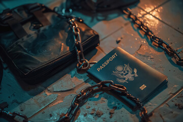 The intriguing scene of a chained bag and a passport on a tiled floor hints at a mysterious and possibly ominous storyline just waiting to be unraveled.