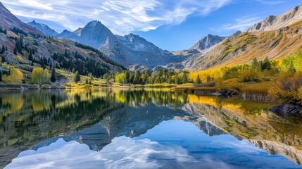 Lake in mountains with peak reflections creating a colorful and tranquil nature image.