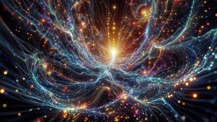 Fototapeta premium A mesmerizing cosmic digital art piece with swirling, vibrant streams of light and particles, resembling a dynamic, starry nebula or a futuristic data flow.
