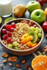 A bowl filled with fresh fruit and assorted nuts placed beside a glass of milk on a table. The concept of a healthy breakfast.